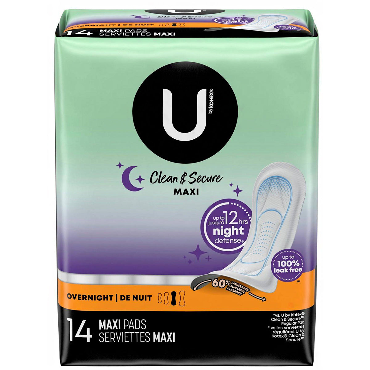 U by Kotex Clean & Secure Pads - Overnight / 14 Maxi Pads + Wings ...