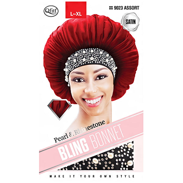Qfitt Pearl & Rhinestone Bling Satin Bonnet - L-XL