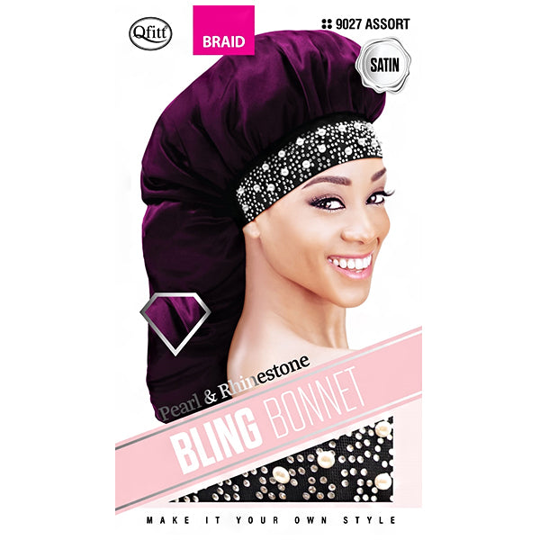 Qfitt Pearl & Rhinestone Bling Satin Braid Bonnet