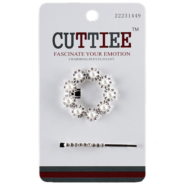 Cuttiee #1449 Pearl with Rhinestone Circle Hair Clip & Short Bar Pin